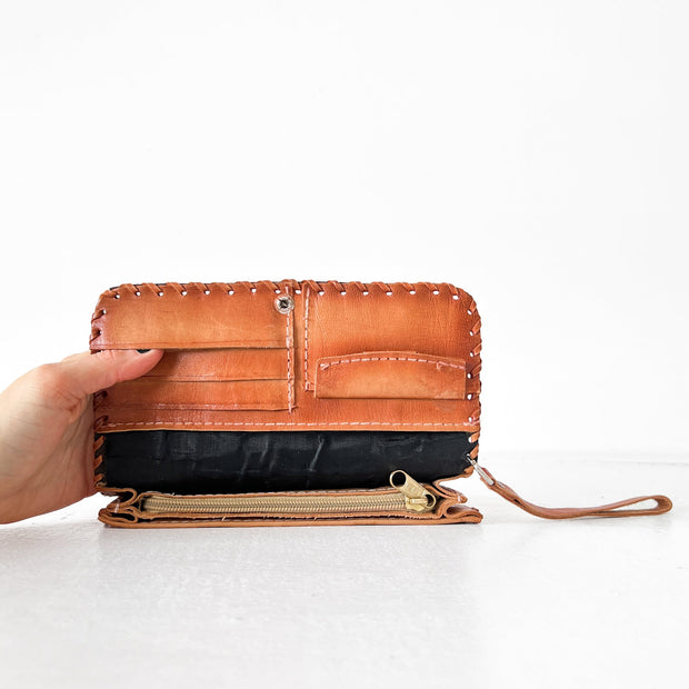 Open Leather Wallet with Card Slots. Vintage Floral Embossed Brown/Tan Leather Wallet, Clutch, Wristlet. Made in Cuba.