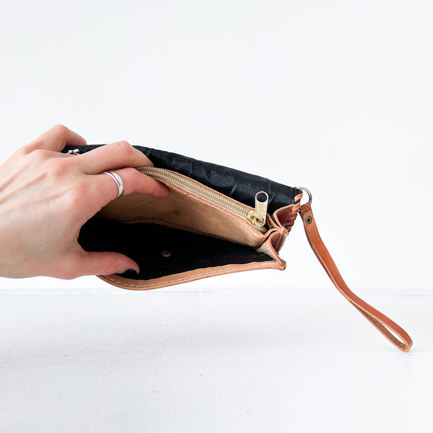 Open Leather Wallet with Zippered Pocket. Vintage Floral Embossed Brown/Tan Leather Wallet, Clutch, Wristlet. Made in Cuba.