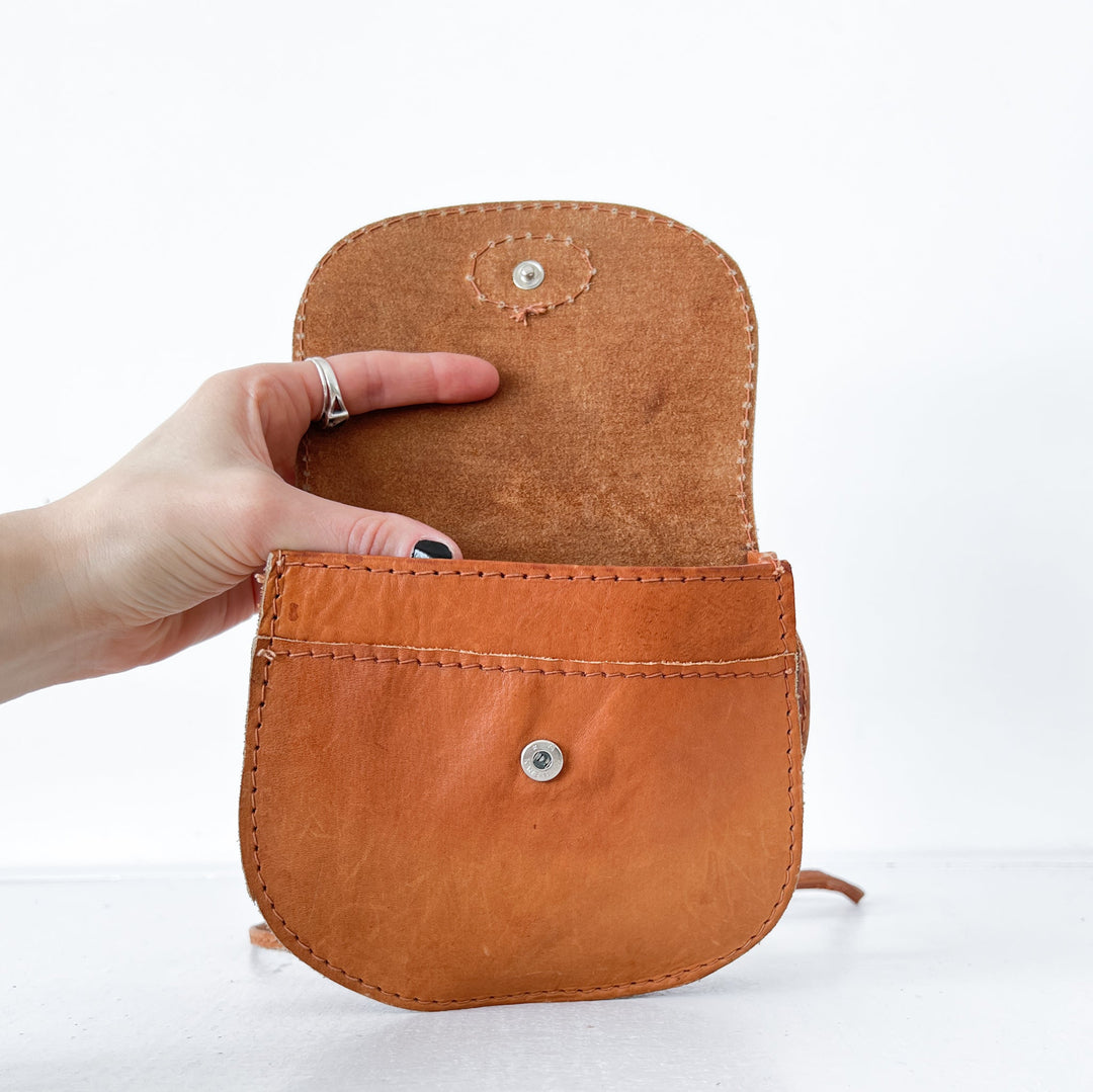Vintage Brown Leather Crossbody Saddle Bag Fold and Fray