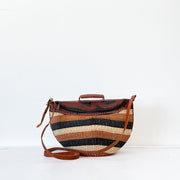 Vintage Purse. Brown and Black Horizontal Stripe Woven/Jute Base, with Embossed Leather Top, Handle, Adjustable Strap.