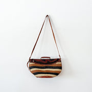 Vintage Purse Brown and Black Horizontal Stripe Woven/Jute Base, Embossed Leather Top, Handle, Adjustable Strap. Hanging.