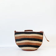 Brown/Black Horizontal Stripe Woven Jute Vintage Purse, Shoulder Bag, Leather Top and Strap, Back View. Fold and Fray Canada.