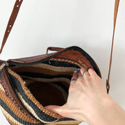 Opening the Zipper on Embossed Leather Top on Vintage Woven/Jute Black and Brown Striped Shoulder Bag/Purse. Canada.