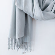 Pale Seafoam Green Scarf with Tassels, Close-up of Tassels, Like a Pashmina Scarf. Natural Fibre Clothing in Canada.