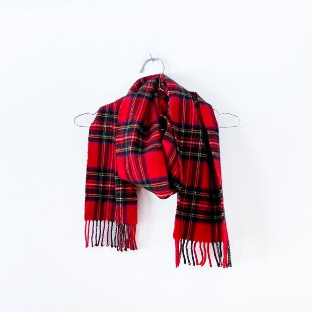 Red Plaid Wool Scarf in Royal Stewart Tartan Plaid, Wrapped Around Hanger. Fold and Fray in Canada.