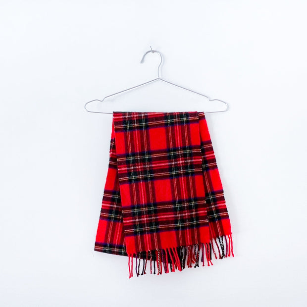 Johnstons Red Plaid Wool Scarf in Royal Stewart Tartan Plaid, 100% Wool Scarf with Tassels, Folded on Hanger. Canada.