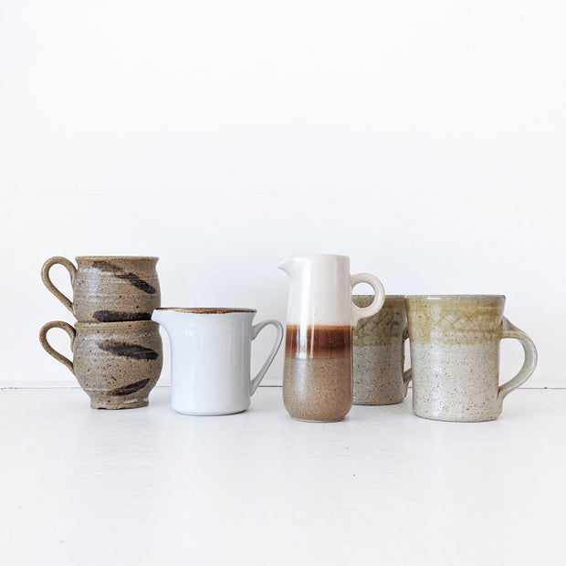 Six Pieces Second-hand Vintage Pottery in Brown/White. Four Brown Mugs, One White Creamer, Small Tall Brown/White Jug. Morandi.