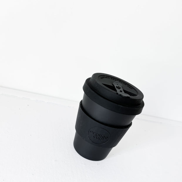 Black Ecoffee Travel Mug, Kerr & Napier Reusable Coffee Cup 12oz/350ml with Silicone Sleeve and Lid. Fold and Fray, Ontario, Canada.