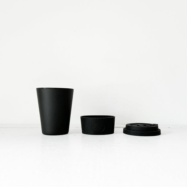 Black Ecoffee Travel Mug, Kerr & Napier Reusable Coffee Cup 12oz/350ml. Three Parts, Cup, Silicone Sleeve and Lid. Ontario, Canada.