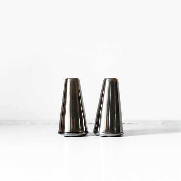 Vintage Mid Century Modern Stainless Steel Salt and Pepper Shakers. Vintage Home Goods in Guelph, Ontario, Canada.