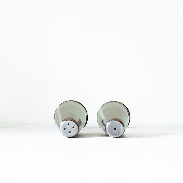 Top View of Holes on Vintage Mid Century Modern Stainless Steel Salt and Pepper Shakers. Vintage Home Goods in Canada.