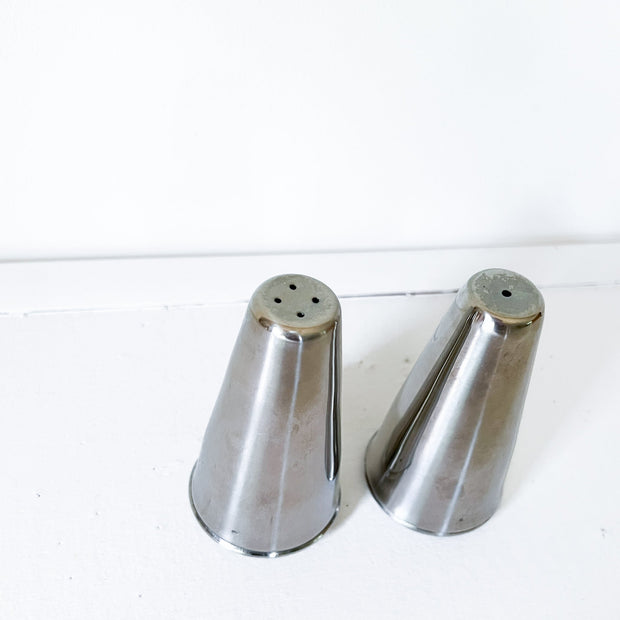 Vintage Mid Century Modern Stainless Steel Salt and Pepper Shakers. Vintage Home Goods in Guelph, Ontario, Canada.