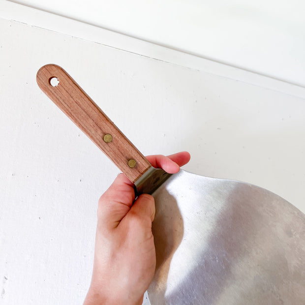 Wooden Handle on Stainless Steel Pizza Spatula/Pancake Server. Plastic-Free Home Goods. Guelph, Ontario, Canada.